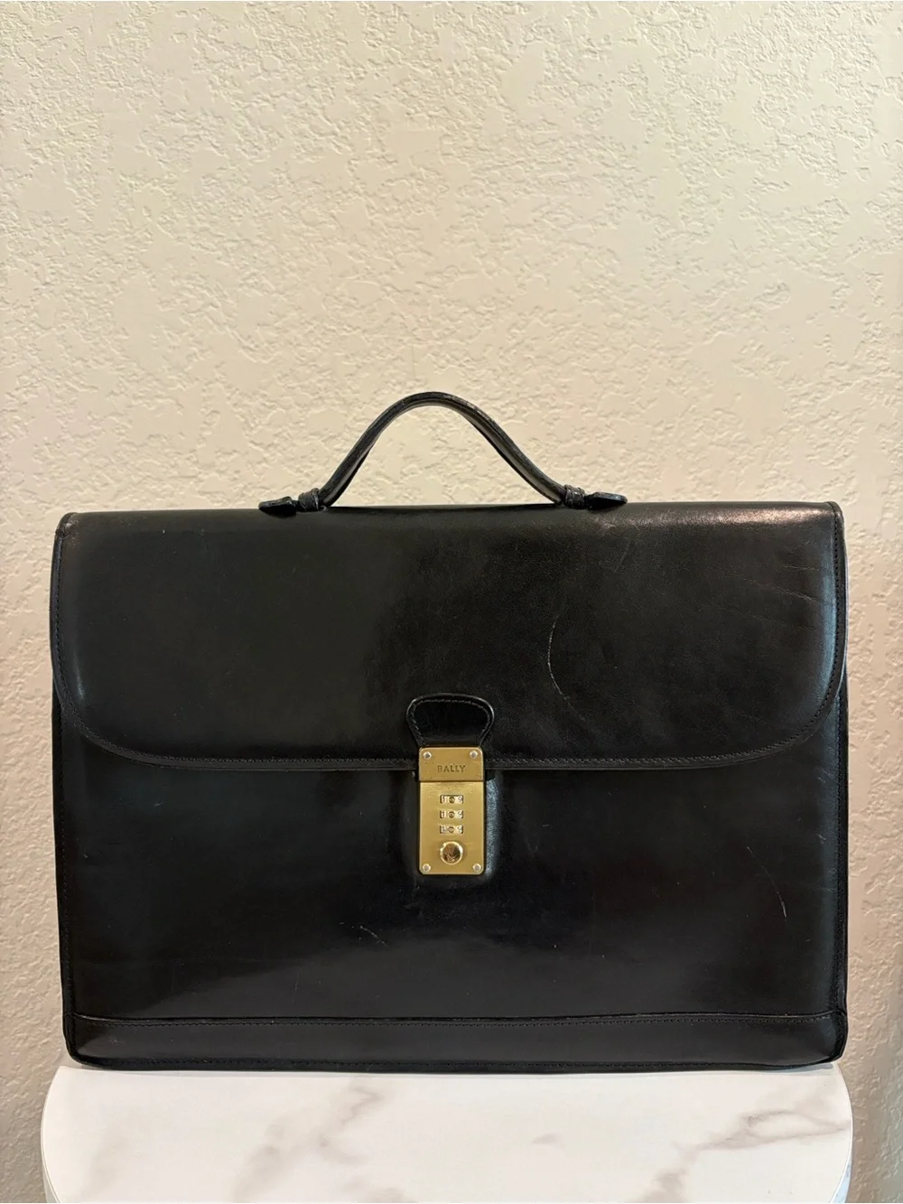 Bally Black Leather Briefcase with Gold-Tone Combination Lock